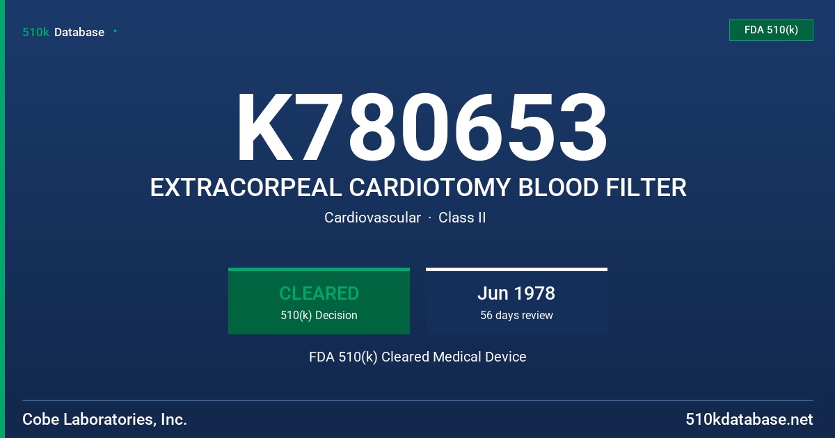K780653 EXTRACORPEAL CARDIOTOMY BLOOD FILTER FDA 510(k) Cleared Medical Device