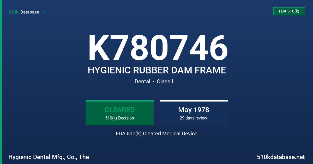 K780746 HYGIENIC RUBBER DAM FRAME FDA 510(k) Cleared Medical Device