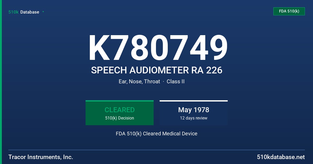 K780749 SPEECH AUDIOMETER RA 226 FDA 510(k) Cleared Medical Device