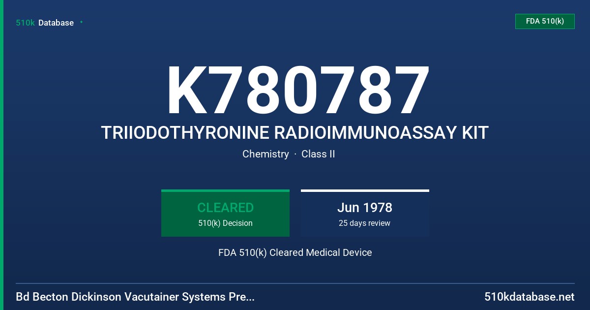 K780787 TRIIODOTHYRONINE RADIOIMMUNOASSAY KIT FDA 510(k) Cleared Medical Device