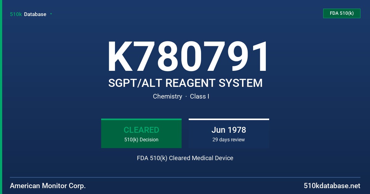 K780791 SGPT/ALT REAGENT SYSTEM FDA 510(k) Cleared Medical Device