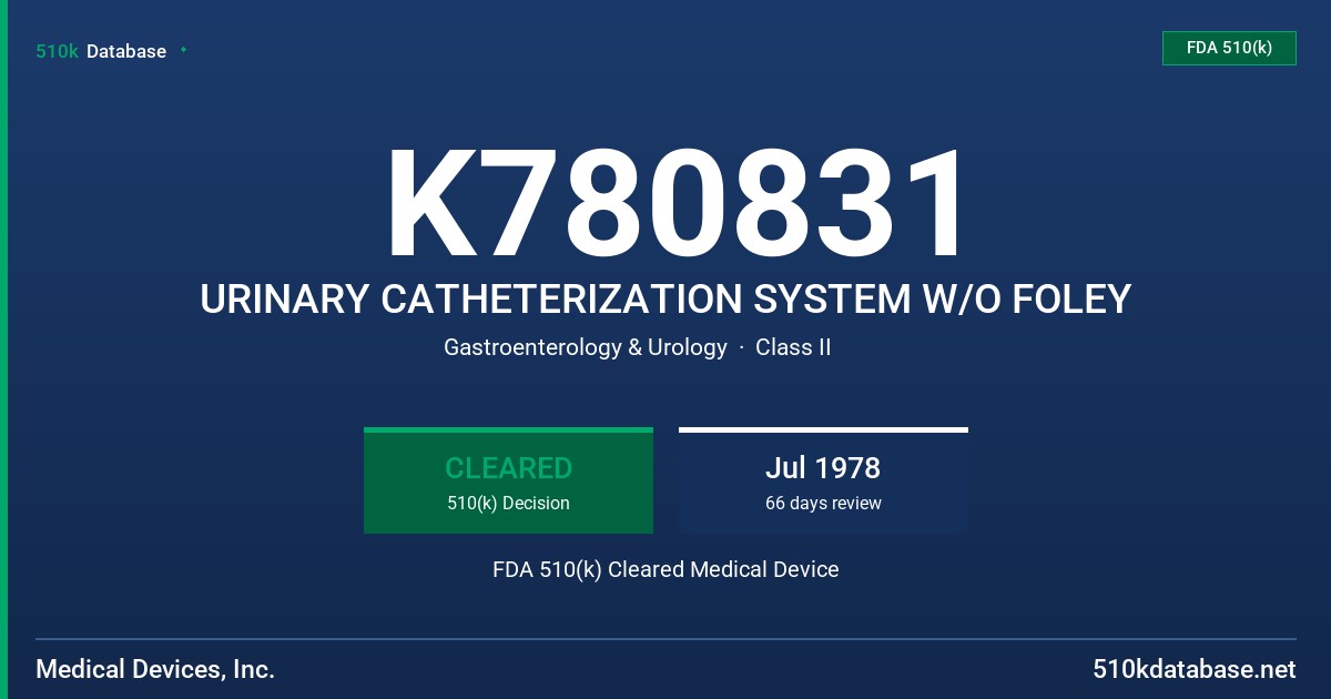 K780831 URINARY CATHETERIZATION SYSTEM W/O FOLEY FDA 510(k) Cleared Medical Device