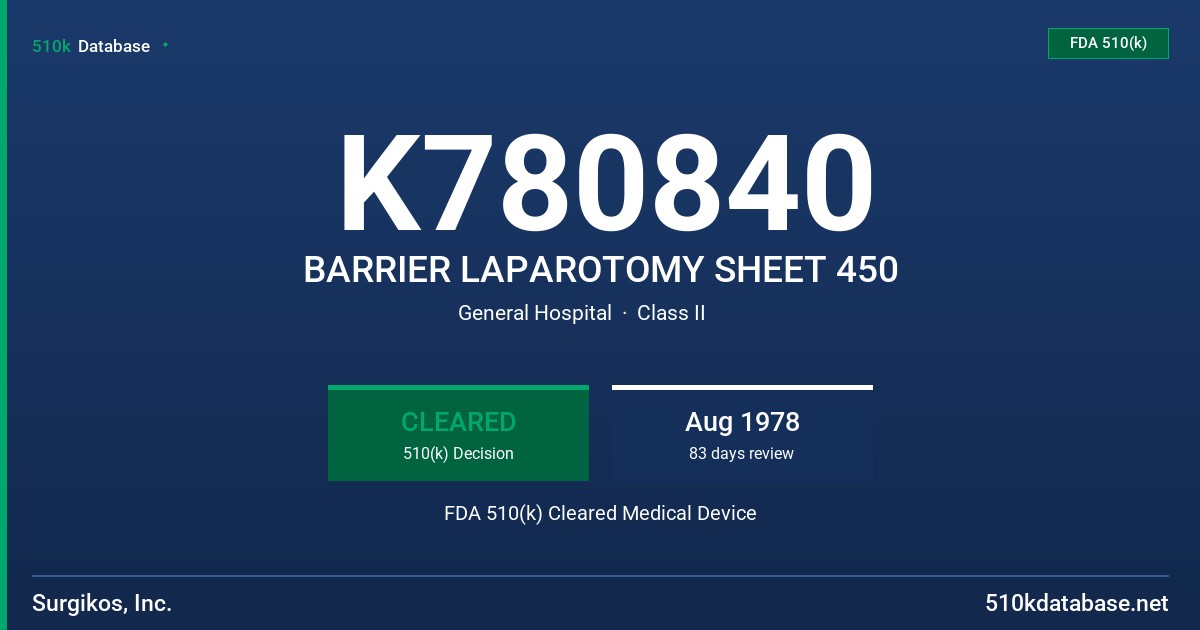 K780840 BARRIER LAPAROTOMY SHEET 450 FDA 510(k) Cleared Medical Device