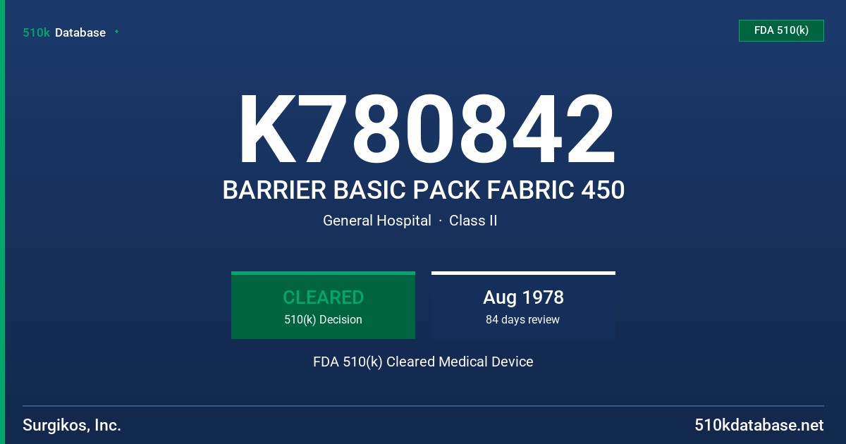 K780842 BARRIER BASIC PACK FABRIC 450 FDA 510(k) Cleared Medical Device