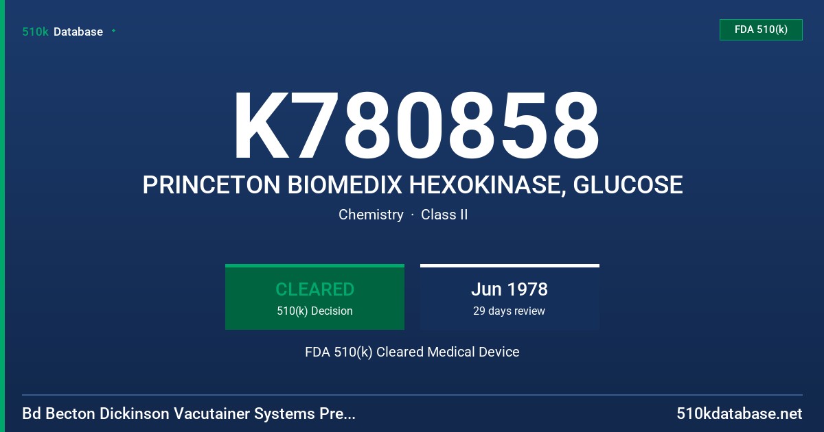 K780858 PRINCETON BIOMEDIX HEXOKINASE, GLUCOSE FDA 510(k) Cleared Medical Device