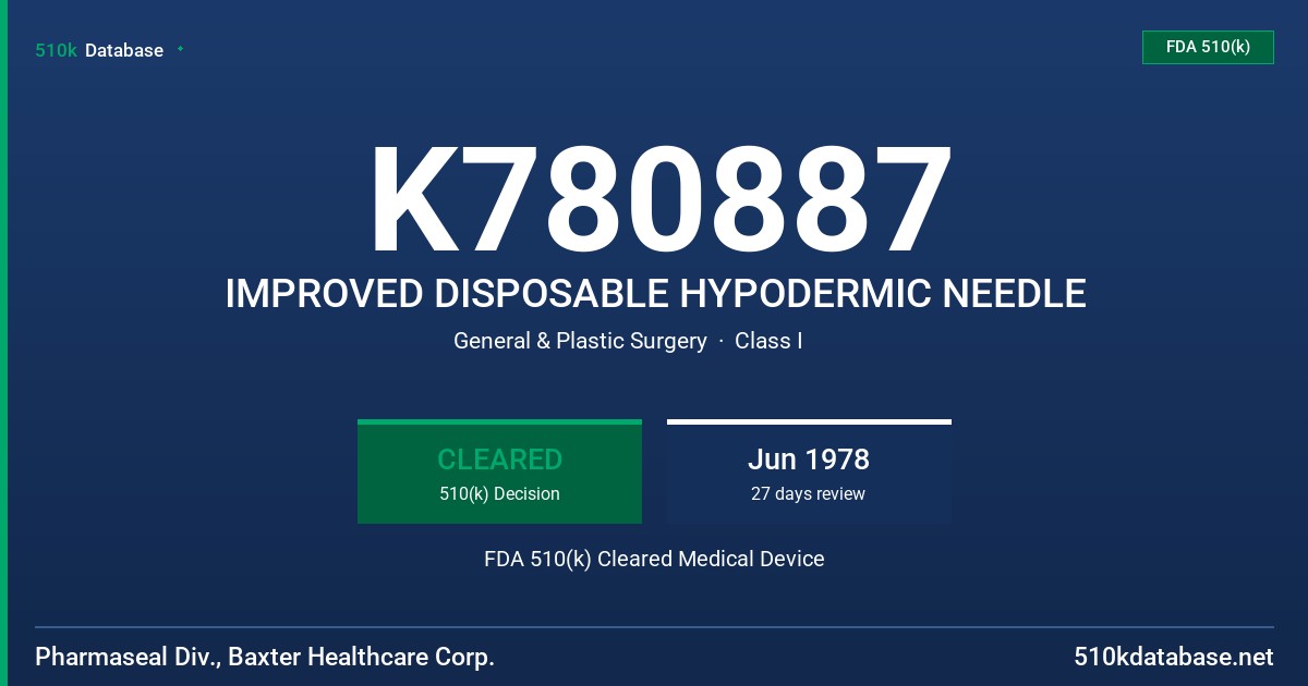K780887 IMPROVED DISPOSABLE HYPODERMIC NEEDLE FDA 510(k) Cleared Medical Device
