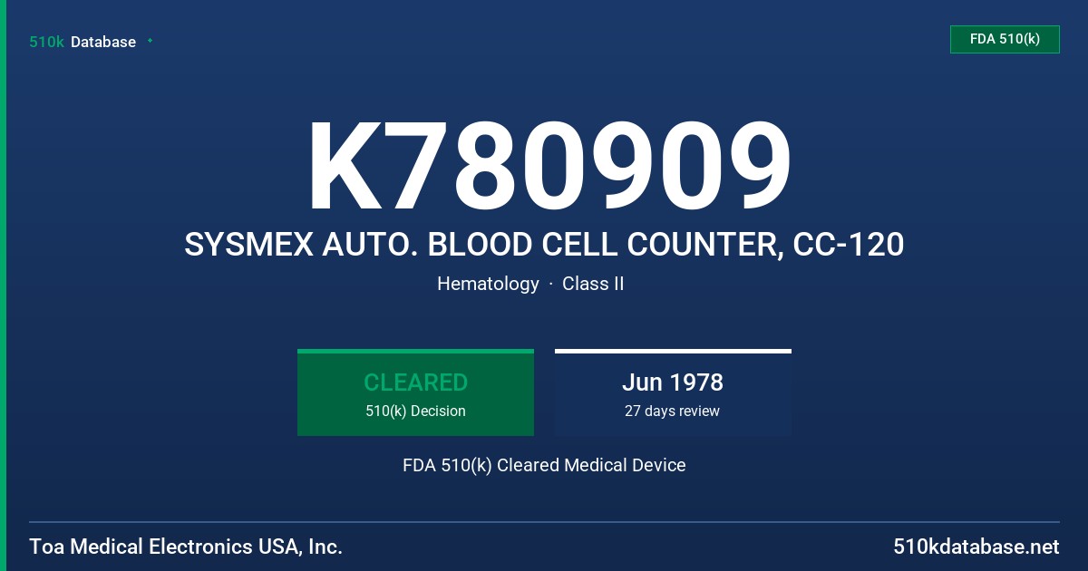 K780909 SYSMEX AUTO. BLOOD CELL COUNTER, CC-120 FDA 510(k) Cleared Medical Device