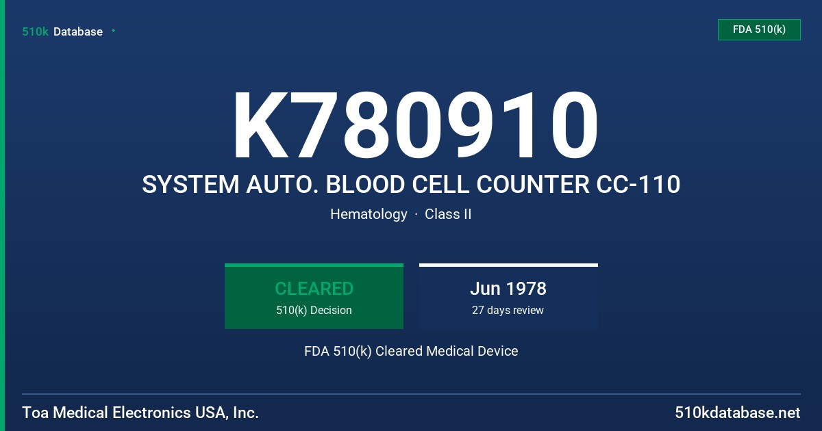 K780910 SYSTEM AUTO. BLOOD CELL COUNTER CC-110 FDA 510(k) Cleared Medical Device