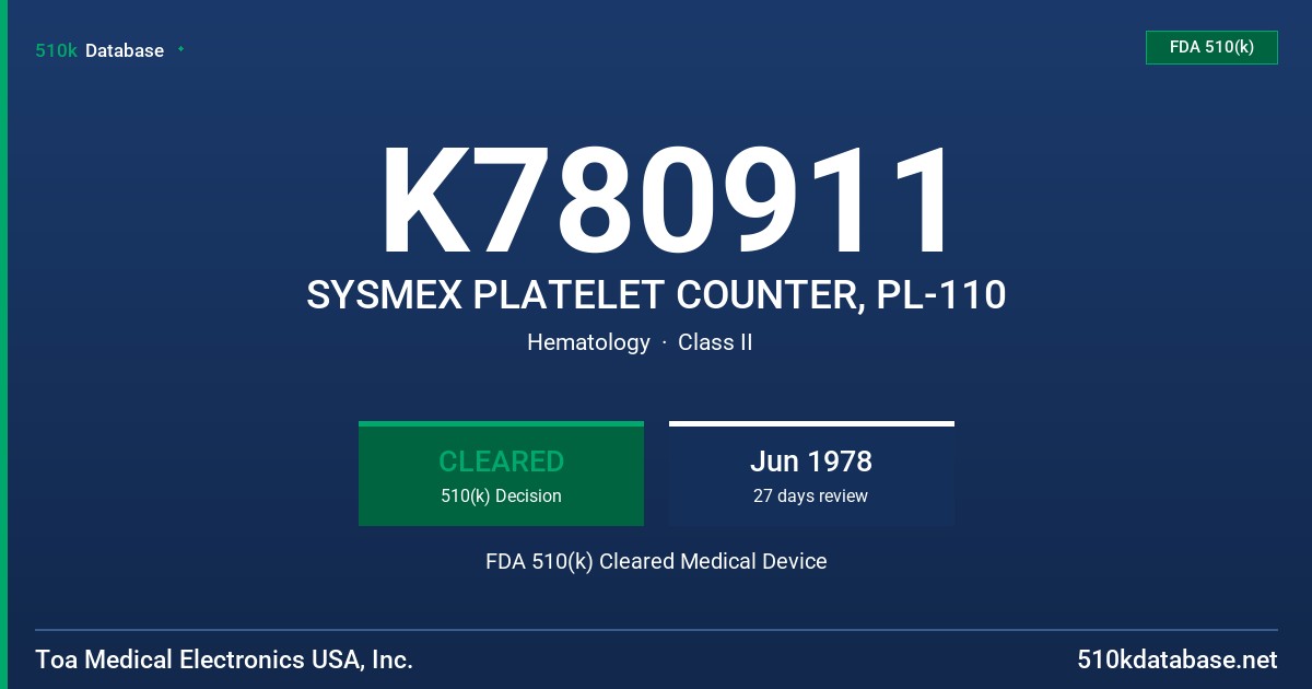 K780911 SYSMEX PLATELET COUNTER, PL-110 FDA 510(k) Cleared Medical Device