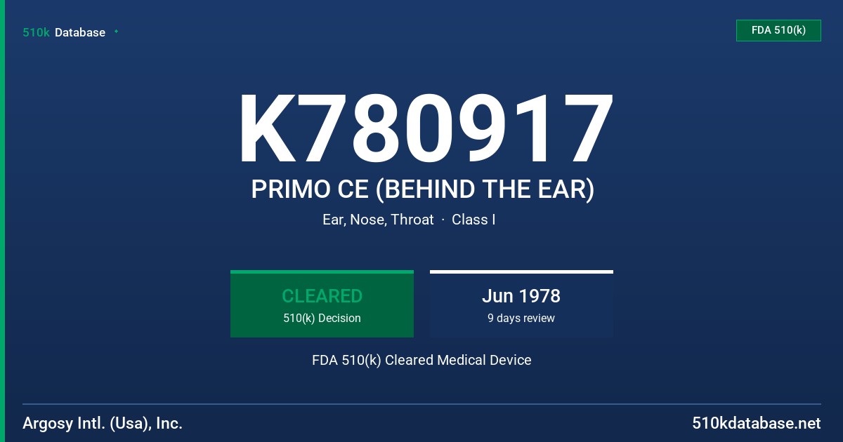 K780917 PRIMO CE (BEHIND THE EAR) FDA 510(k) Cleared Medical Device