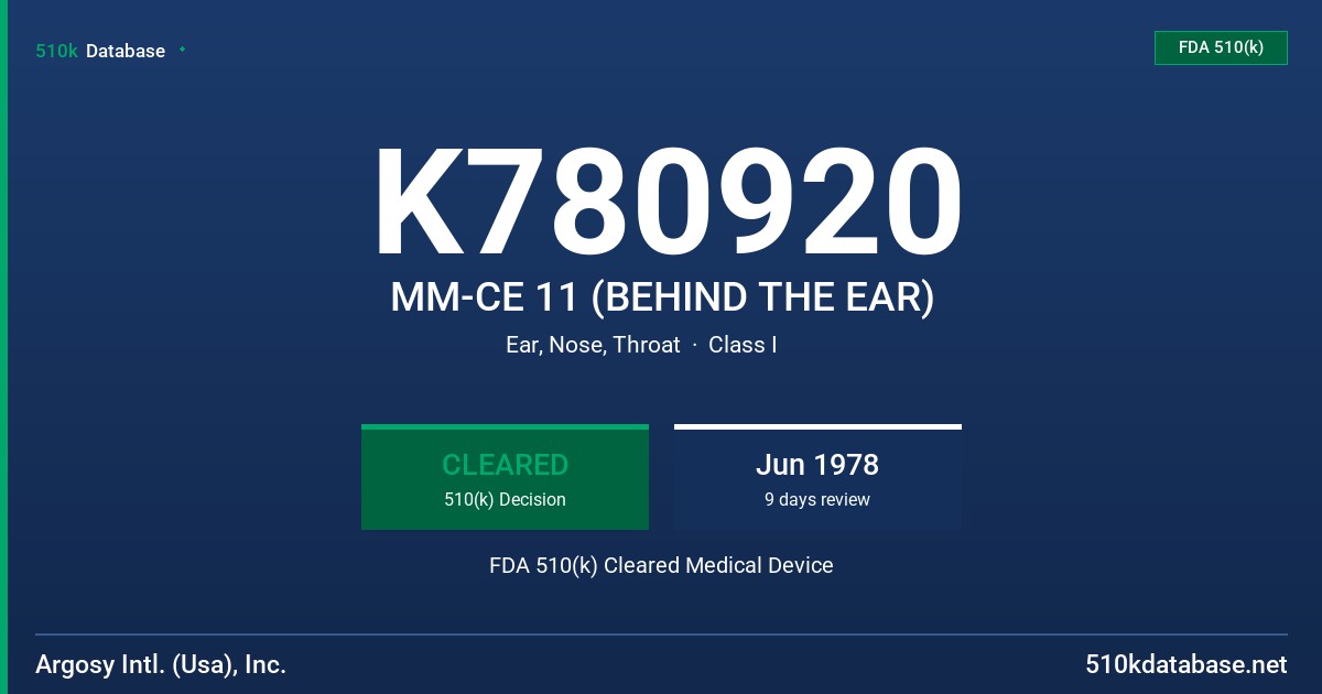 K780920 MM-CE 11 (BEHIND THE EAR) FDA 510(k) Cleared Medical Device
