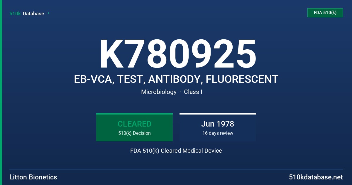 K780925 EB-VCA, TEST, ANTIBODY, FLUORESCENT FDA 510(k) Cleared Medical Device