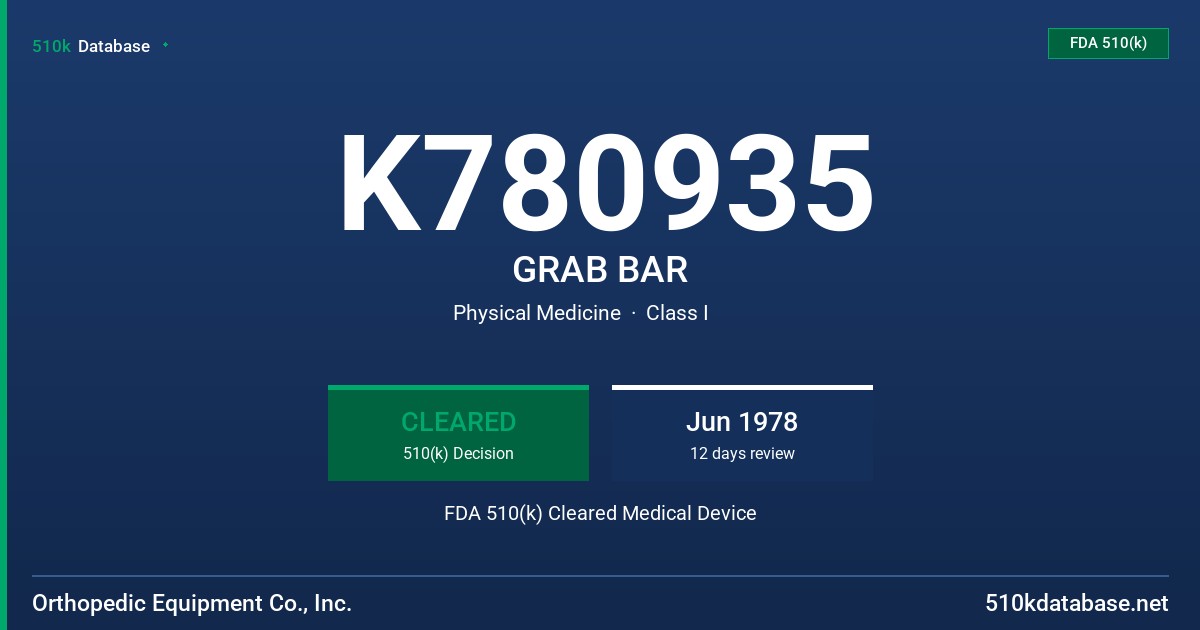 K780935 GRAB BAR FDA 510(k) Cleared Medical Device