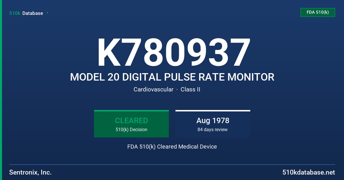 K780937 MODEL 20 DIGITAL PULSE RATE MONITOR FDA 510(k) Cleared Medical Device