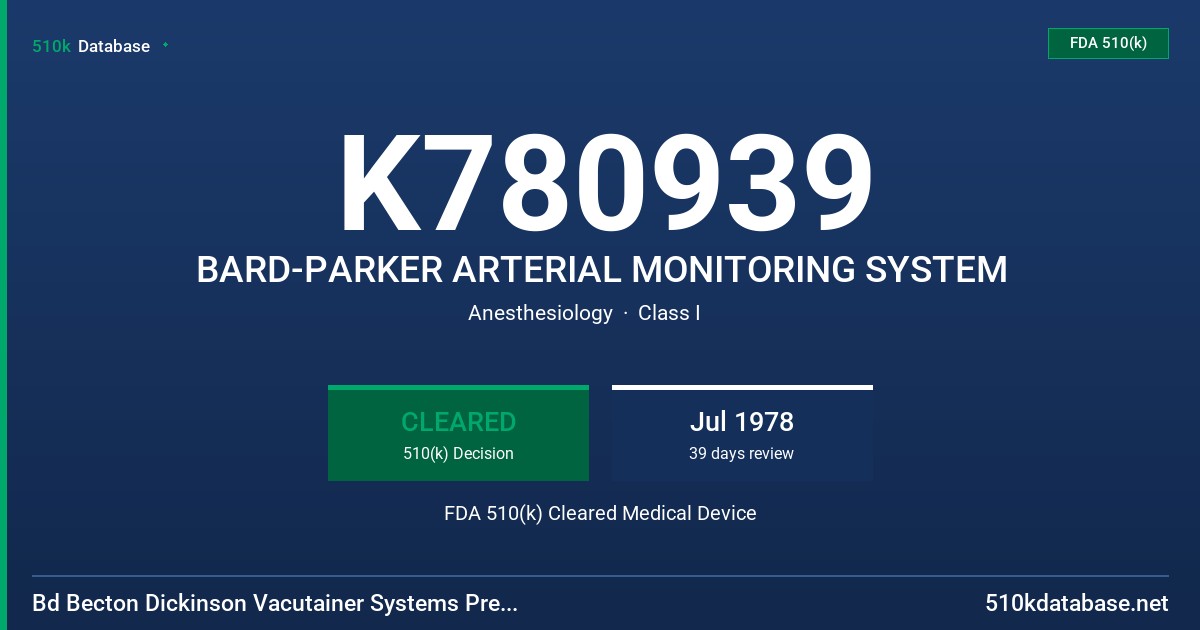 K780939 BARD-PARKER ARTERIAL MONITORING SYSTEM FDA 510(k) Cleared Medical Device