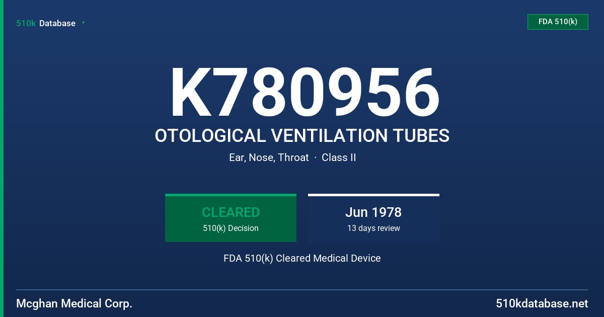 K780956 OTOLOGICAL VENTILATION TUBES FDA 510(k) Cleared Medical Device
