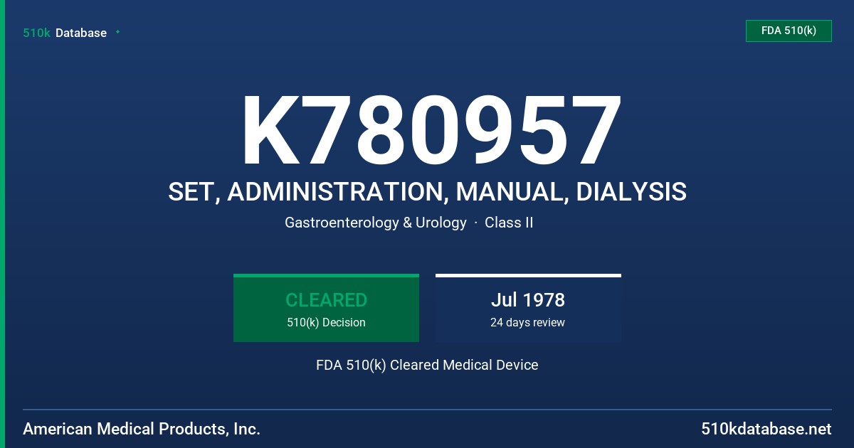 K780957 SET, ADMINISTRATION, MANUAL, DIALYSIS FDA 510(k) Cleared Medical Device