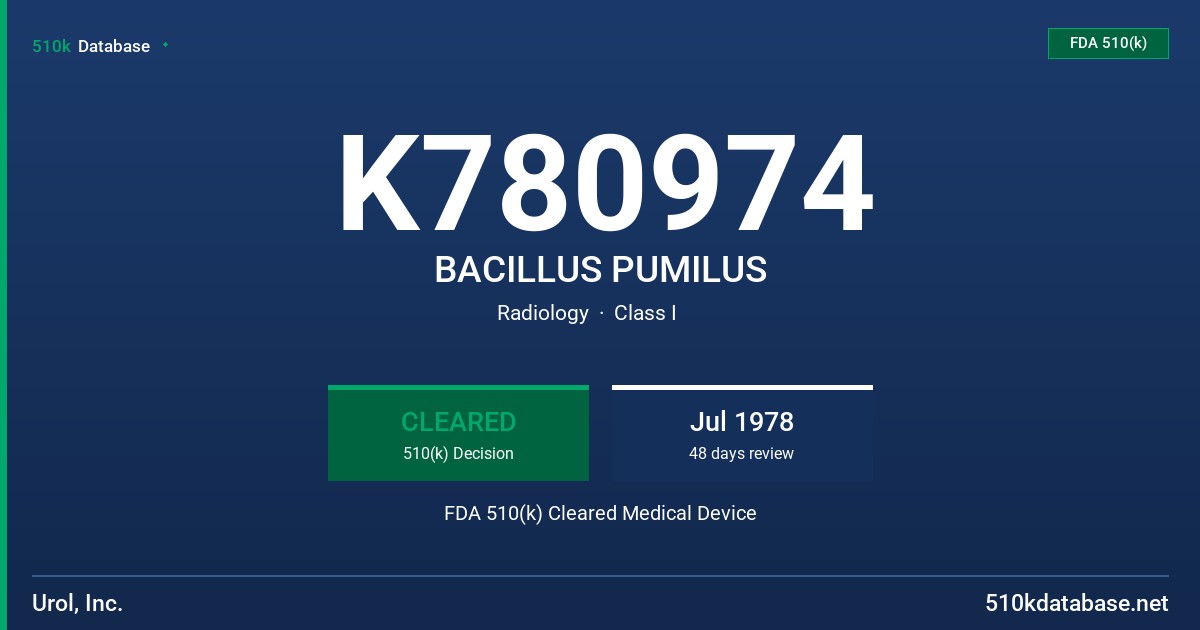 K780974 BACILLUS PUMILUS FDA 510(k) Cleared Medical Device