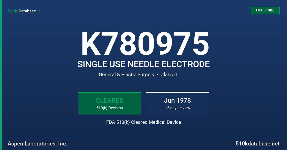 K780975 SINGLE USE NEEDLE ELECTRODE FDA 510(k) Cleared Medical Device