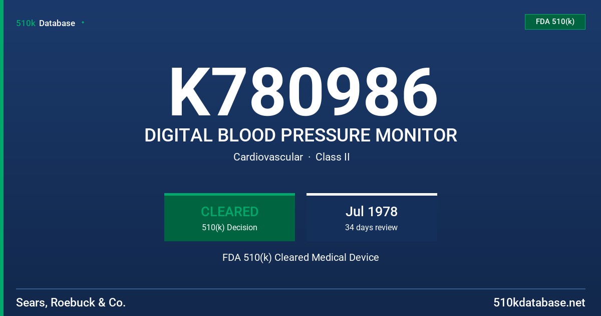 K780986 DIGITAL BLOOD PRESSURE MONITOR FDA 510(k) Cleared Medical Device