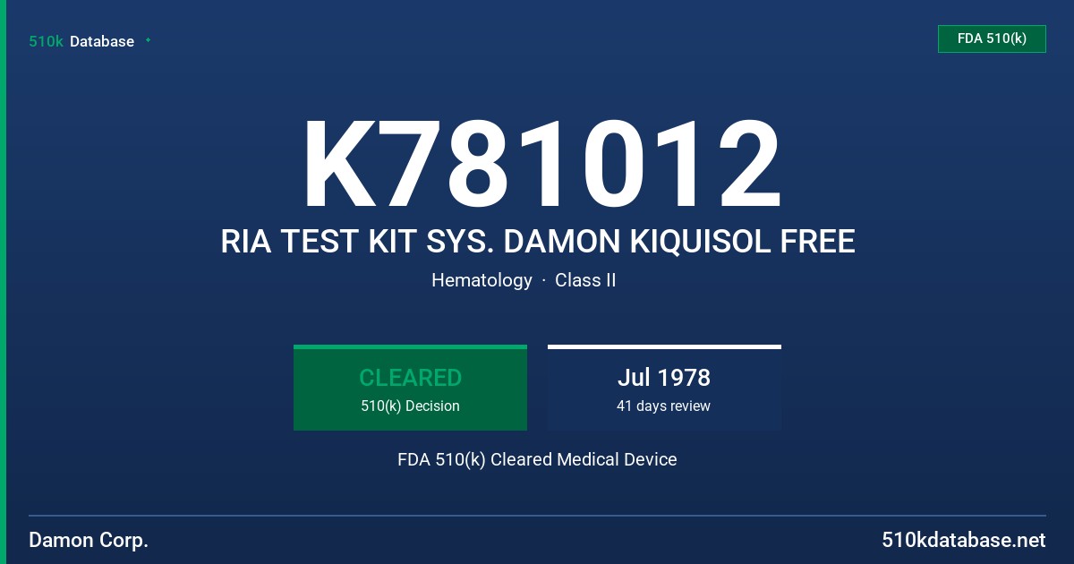 K781012 RIA TEST KIT SYS. DAMON KIQUISOL FREE FDA 510(k) Cleared Medical Device