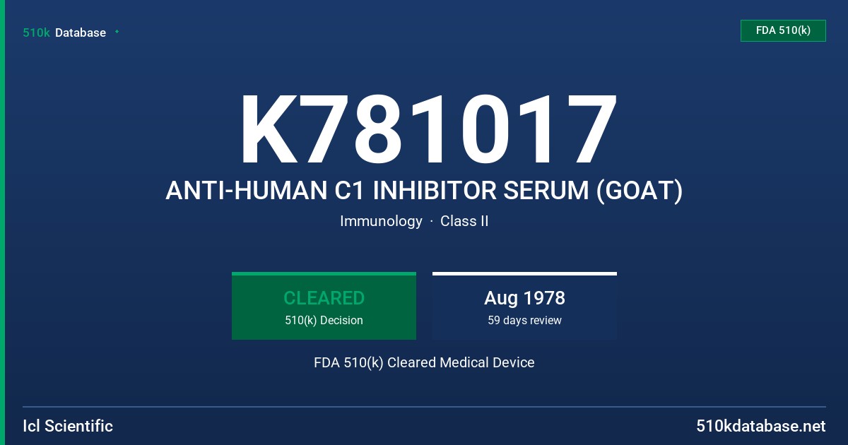 K781017 ANTI-HUMAN C1 INHIBITOR SERUM (GOAT) FDA 510(k) Cleared Medical Device