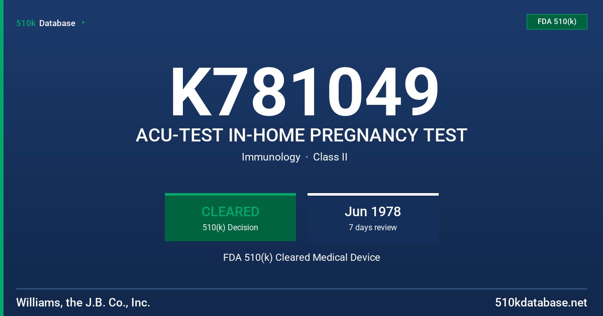 K781049 ACU-TEST IN-HOME PREGNANCY TEST FDA 510(k) Cleared Medical Device