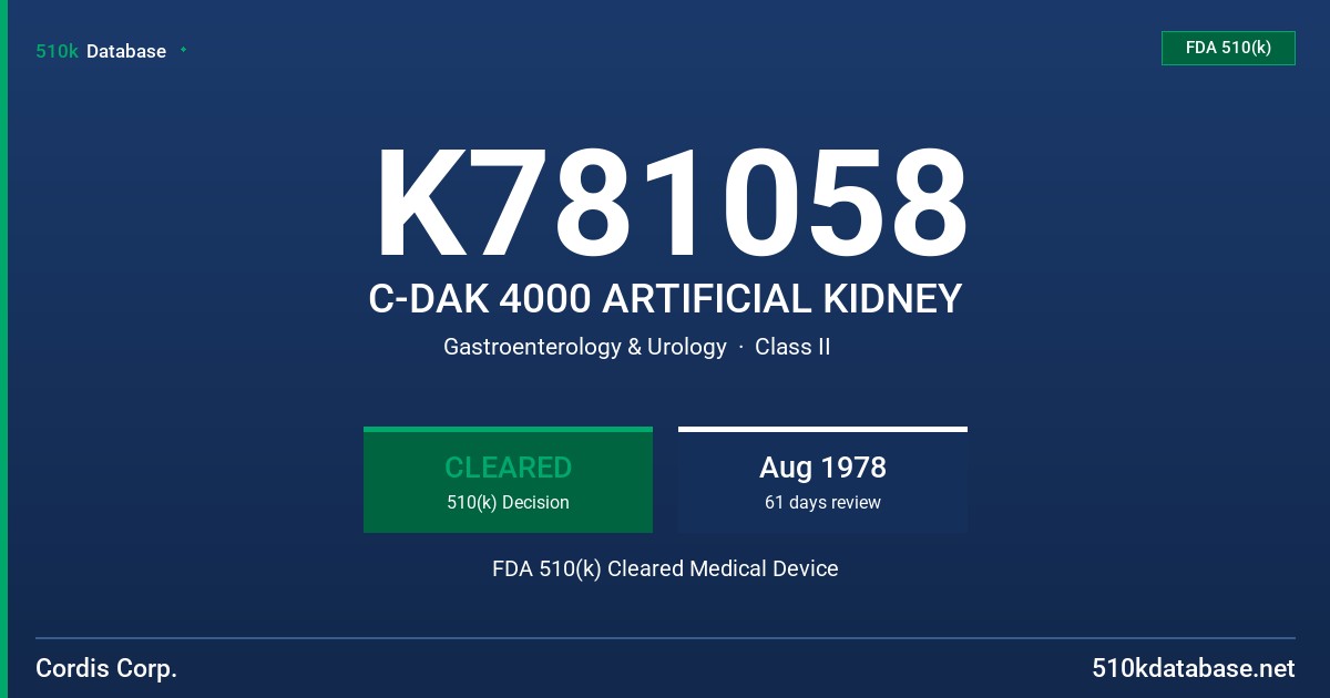 K781058 C-DAK 4000 ARTIFICIAL KIDNEY FDA 510(k) Cleared Medical Device