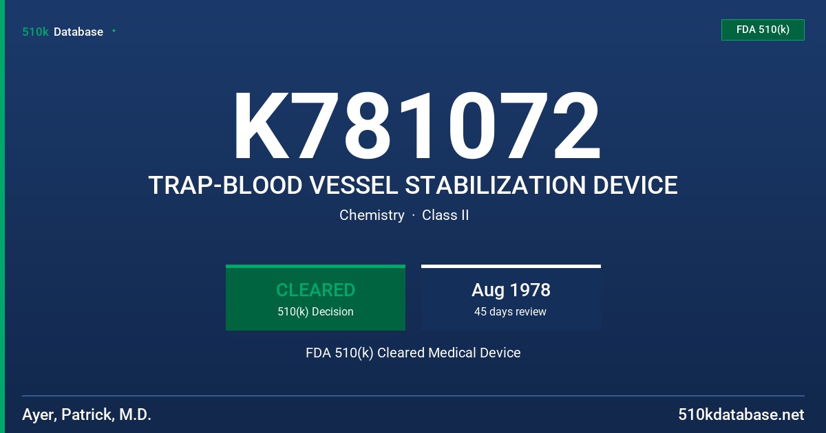 K781072 TRAP-BLOOD VESSEL STABILIZATION DEVICE FDA 510(k) Cleared Medical Device