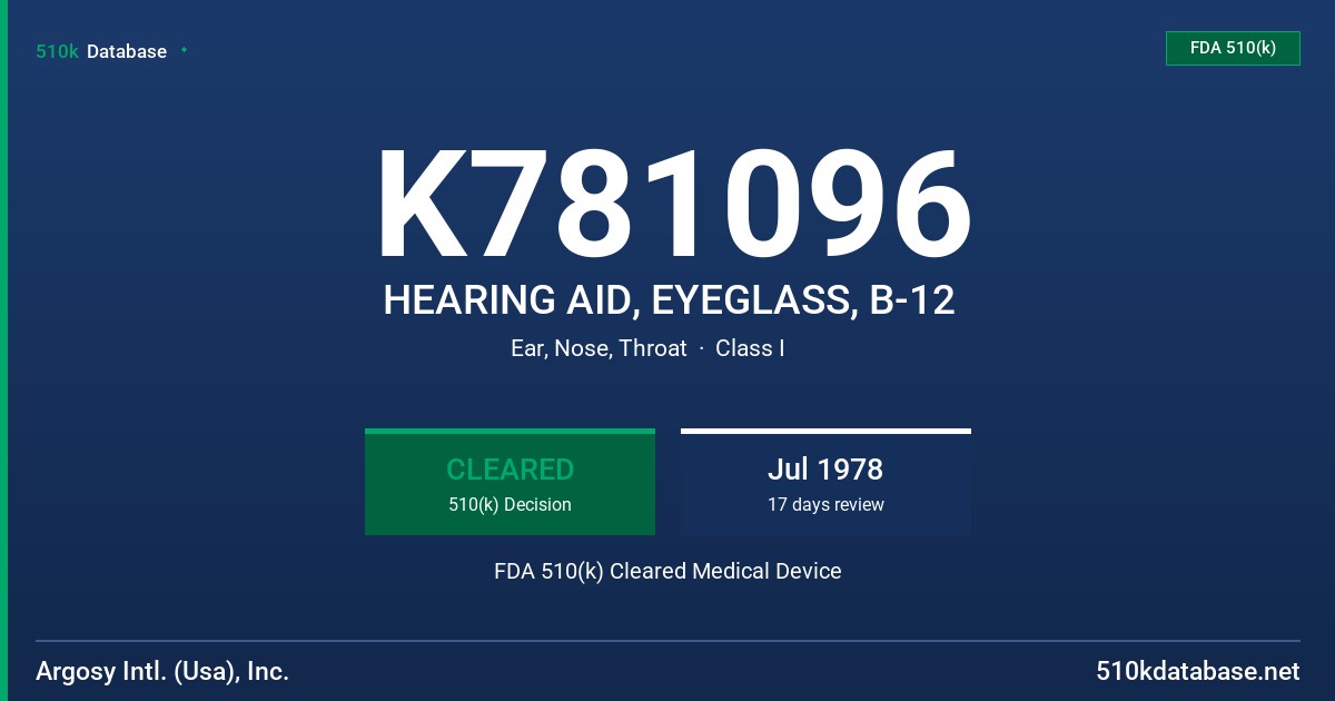 K781096 HEARING AID, EYEGLASS, B-12 FDA 510(k) Cleared Medical Device