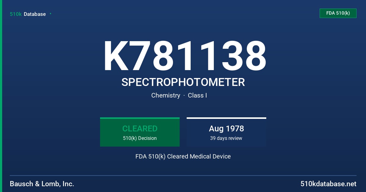 K781138 SPECTROPHOTOMETER FDA 510(k) Cleared Medical Device