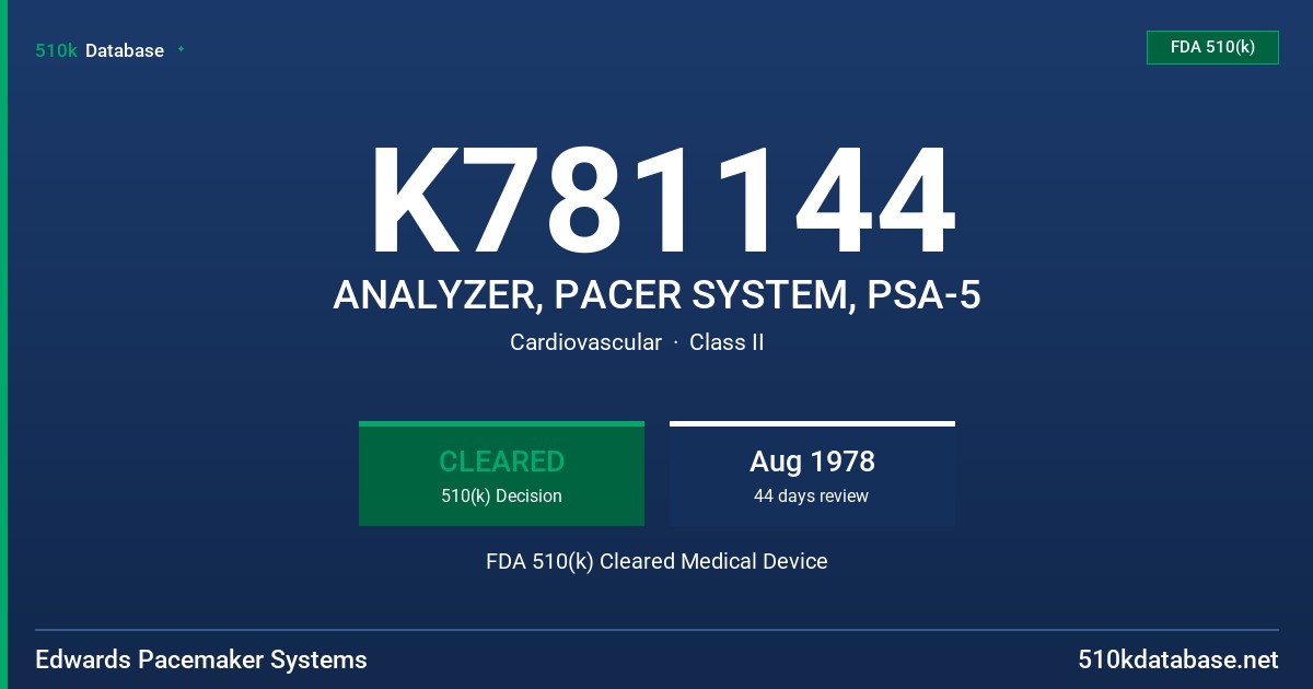 K781144 ANALYZER, PACER SYSTEM, PSA-5 FDA 510(k) Cleared Medical Device