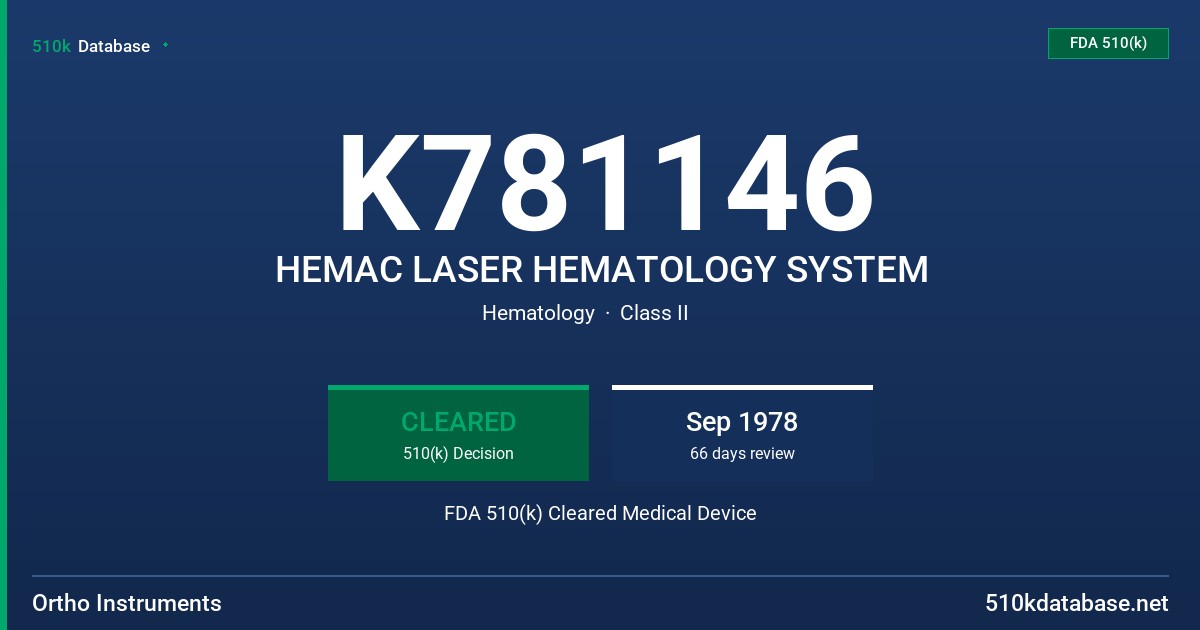 K781146 HEMAC LASER HEMATOLOGY SYSTEM FDA 510(k) Cleared Medical Device