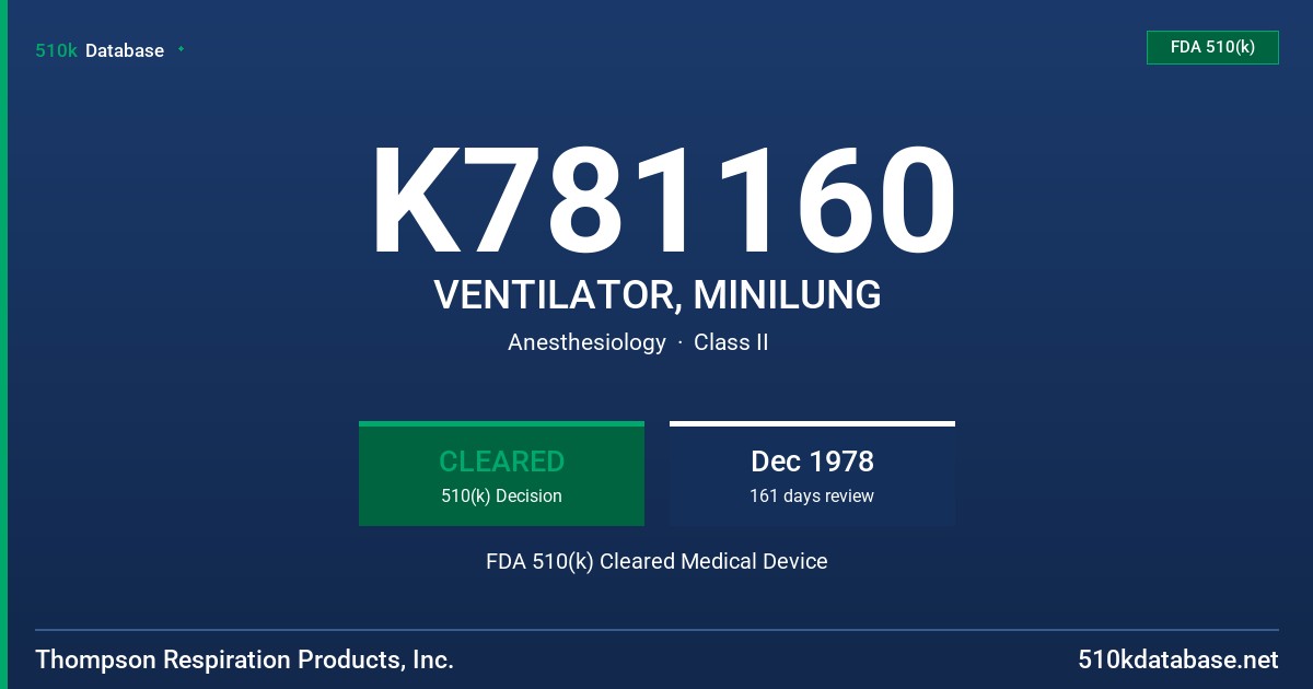 K781160 VENTILATOR, MINILUNG FDA 510(k) Cleared Medical Device