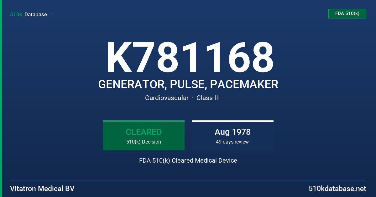 K781168 GENERATOR, PULSE, PACEMAKER FDA 510(k) Cleared Medical Device