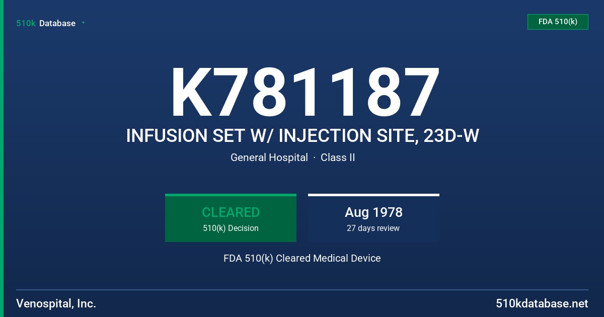 K781187 INFUSION SET W/ INJECTION SITE, 23D-W FDA 510(k) Cleared Medical Device
