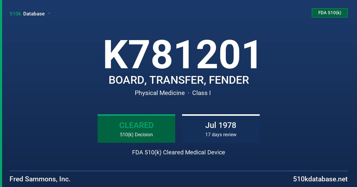 K781201 BOARD, TRANSFER, FENDER FDA 510(k) Cleared Medical Device