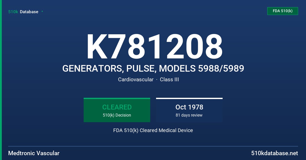K781208 GENERATORS, PULSE, MODELS 5988/5989 FDA 510(k) Cleared Medical Device