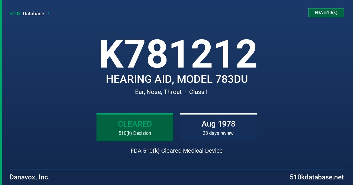 K781212 HEARING AID, MODEL 783DU FDA 510(k) Cleared Medical Device