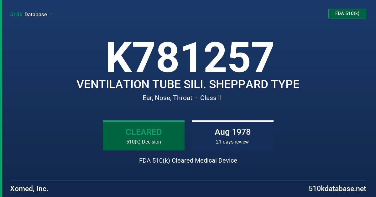 K781257 VENTILATION TUBE SILI. SHEPPARD TYPE FDA 510(k) Cleared Medical Device