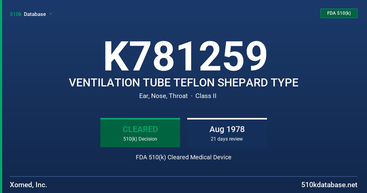 K781259 VENTILATION TUBE TEFLON SHEPARD TYPE FDA 510(k) Cleared Medical Device