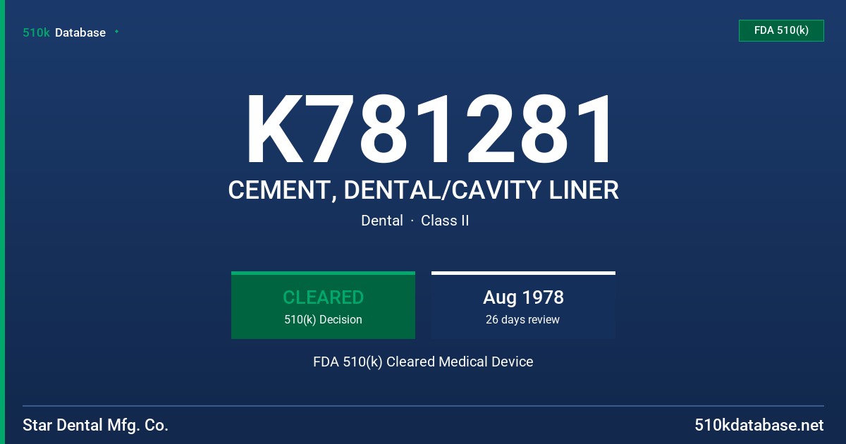 K781281 CEMENT, DENTAL/CAVITY LINER FDA 510(k) Cleared Medical Device