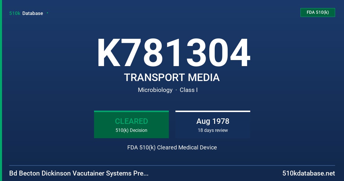 K781304 TRANSPORT MEDIA FDA 510(k) Cleared Medical Device