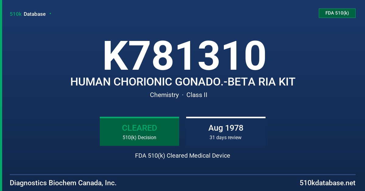 K781310 HUMAN CHORIONIC GONADO.-BETA RIA KIT FDA 510(k) Cleared Medical Device