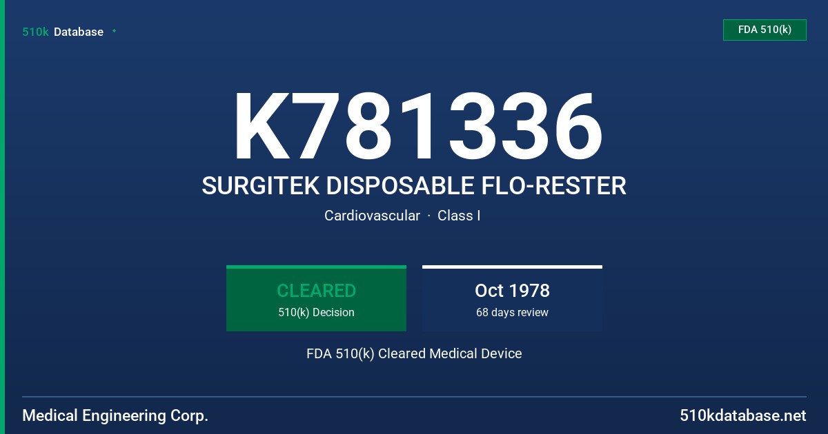K781336 SURGITEK DISPOSABLE FLO-RESTER FDA 510(k) Cleared Medical Device