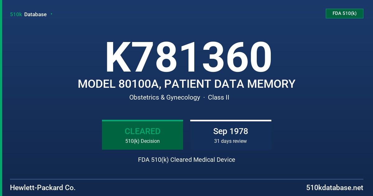 K781360 MODEL 80100A, PATIENT DATA MEMORY FDA 510(k) Cleared Medical Device