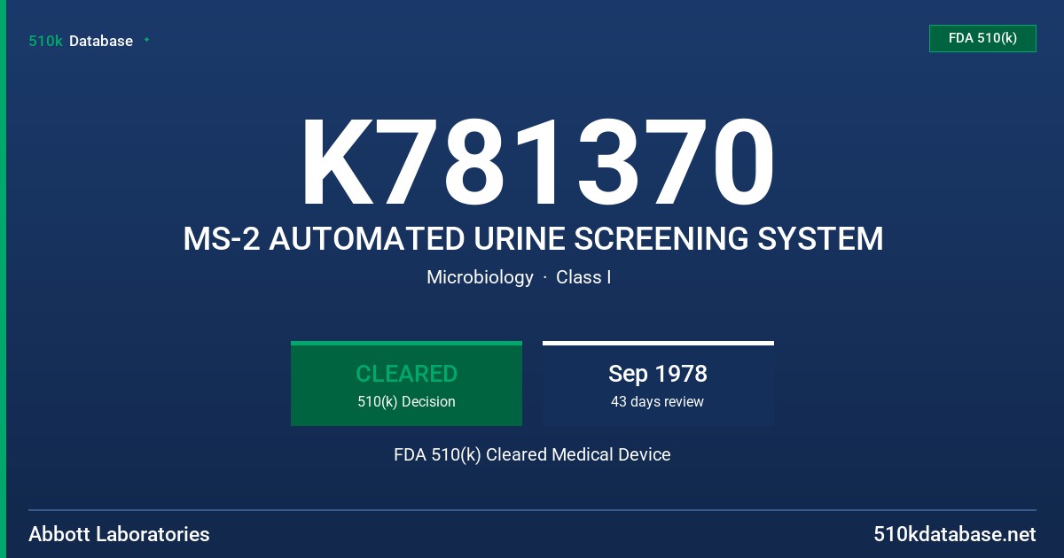 K781370 MS-2 AUTOMATED URINE SCREENING SYSTEM FDA 510(k) Cleared Medical Device