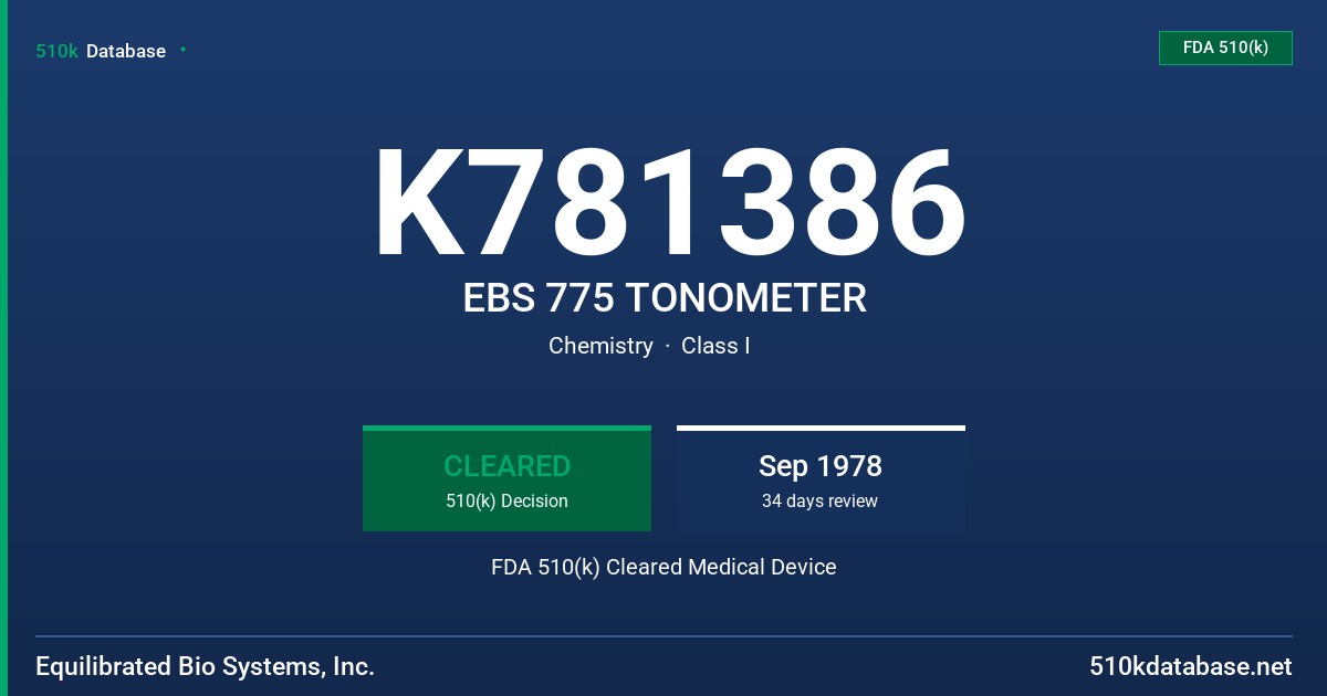 K781386 EBS 775 TONOMETER FDA 510(k) Cleared Medical Device