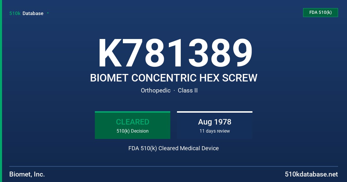K781389 BIOMET CONCENTRIC HEX SCREW FDA 510(k) Cleared Medical Device