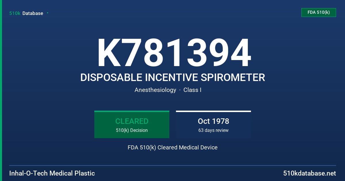 K781394 DISPOSABLE INCENTIVE SPIROMETER FDA 510(k) Cleared Medical Device